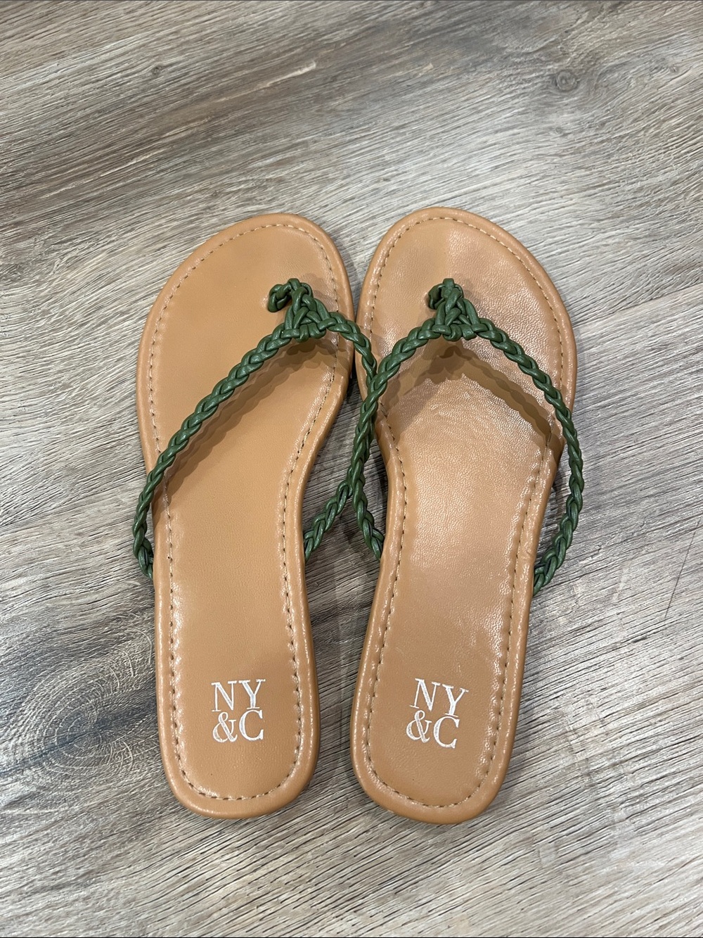 New York & Company Olive Green Braided-Strap Tan Flip Flop Sandals